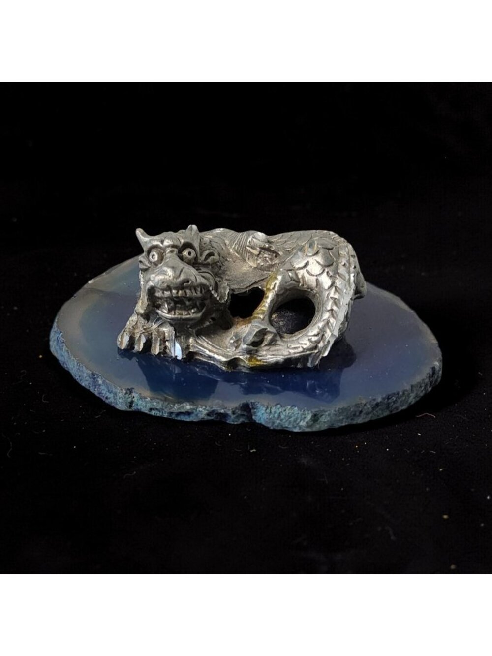 Vintage Pewter Dragon Figurine Resting on a Slice of Blue Agate 2.75" L x 2.5" W